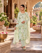 Pure Cotton Kurti Pant And Dupatta Set(Light Green)