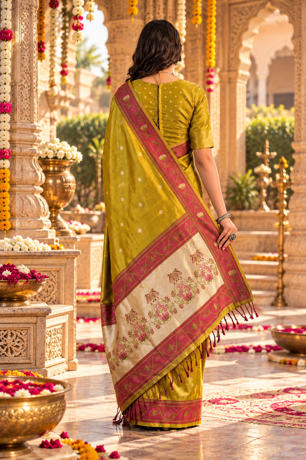 Premium Tissue Silk Saree With Unstitched Blouse(Mehendi)