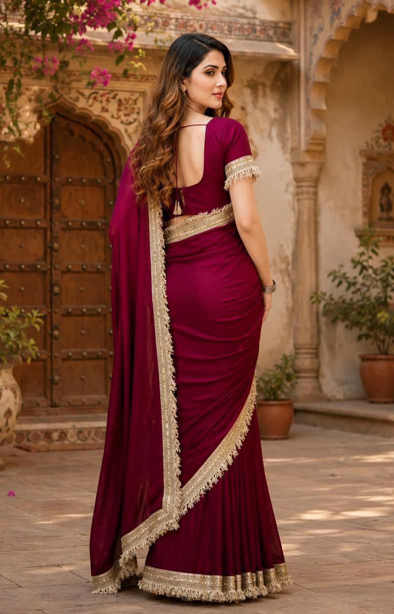 Georgette Lace Border Saree With Unstitched Blouse(Red)