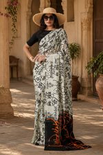Load image into Gallery viewer, Pure Satin Silk Printed Saree With Unstitched Blouse(White)
