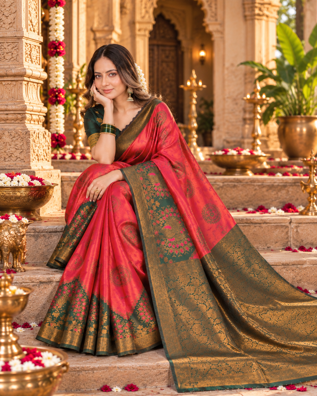 Banarasi Zari Weaving Saree With Unstitched Blouse(Red)