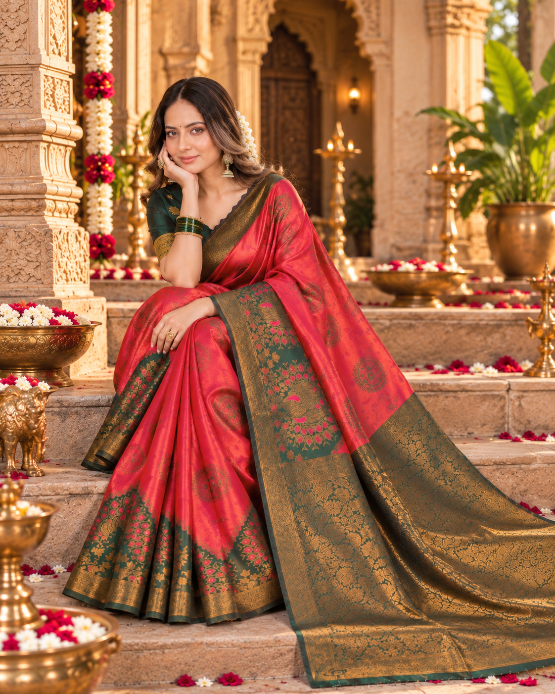 Banarasi Zari Weaving Saree With Unstitched Blouse(Red)