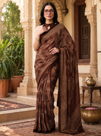 Satin Silk Printed Saree With Unstitched Blouse(Brown)