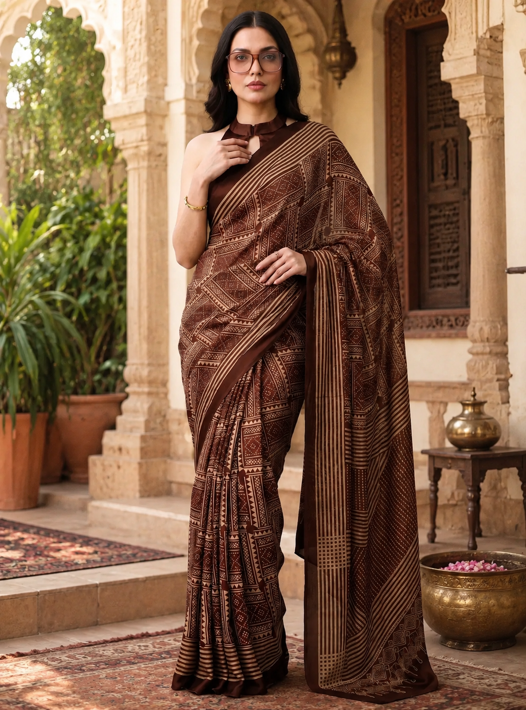 Satin Silk Printed Saree With Unstitched Blouse(Brown)