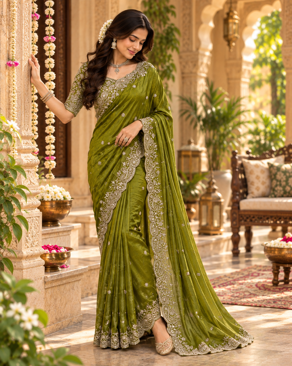 Premium Satin Silk Embroidery Work Saree With Unstitched Blouse(Green)