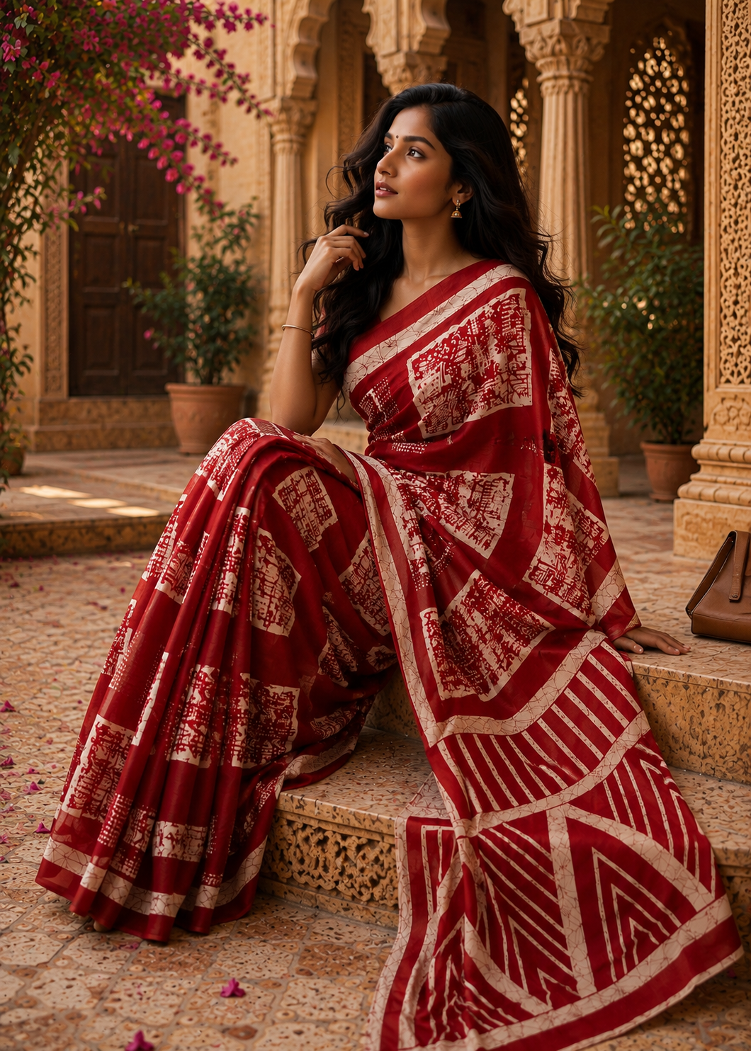 Mulmul Cotton Batik Hand Block Print Saree With Unstitched Blouse(Red)