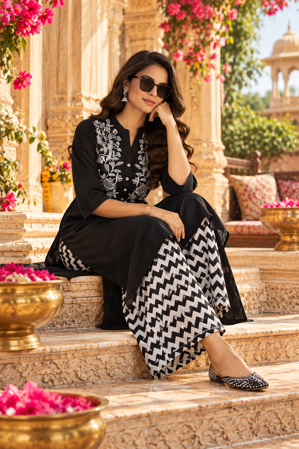Vichitra Silk Kurti Pant Two Piece Set(Black)