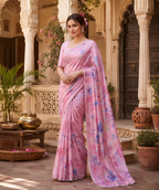 Satin Silk digital Print Saree With Unstitched Blouse(Pink)
