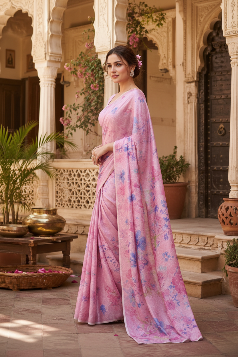 Satin Silk digital Print Saree With Unstitched Blouse(Pink)