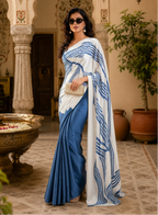 Satin Silk Digital Printed Saree With Unstitched Blouse(Blue)