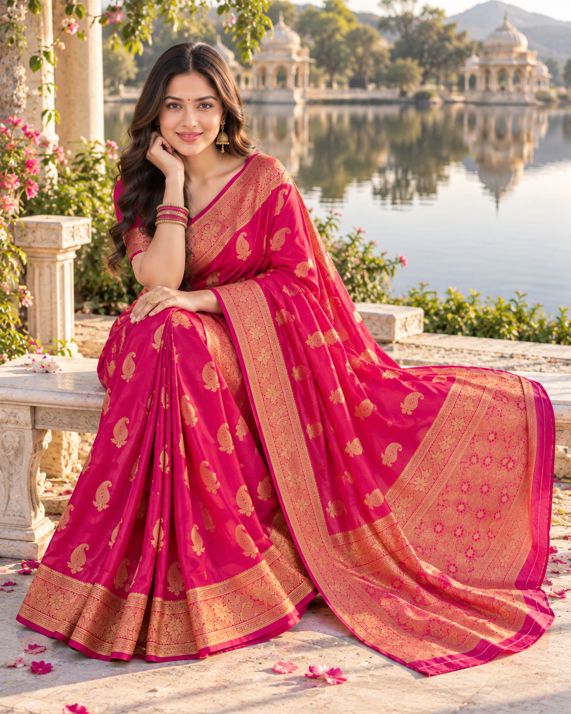 Fantasy Silk Traditional Buttas Copper Zari Weaving Saree With Unstitched Blouse(Rani)