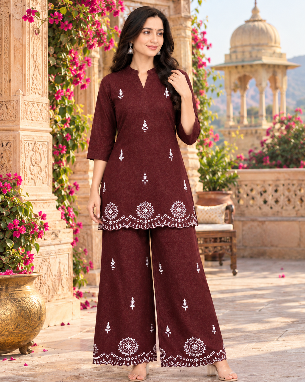 Pure Cotton Embroidery Work Co-Ord Set(Maroon)