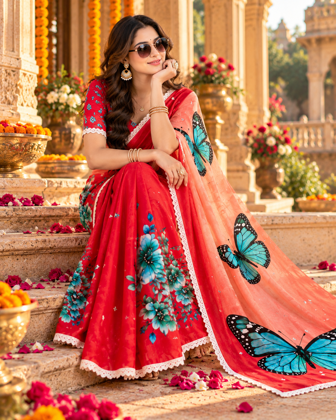Pure Linen Printed Mirror Work Saree With Unstitched Blouse(Red)