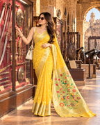 Premium Paithani Silk Tissue Mina Butti Jari Pallu Saree With Unstitched Blouse (Yellow)