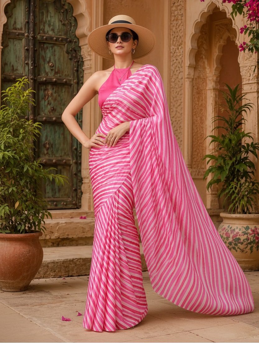 Satin Silk Party Wear Saree With Unstitched Blouse(Pink)