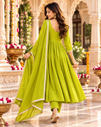 Chanderi Cotton Kurti Pant Set With Dupatta(Pista)