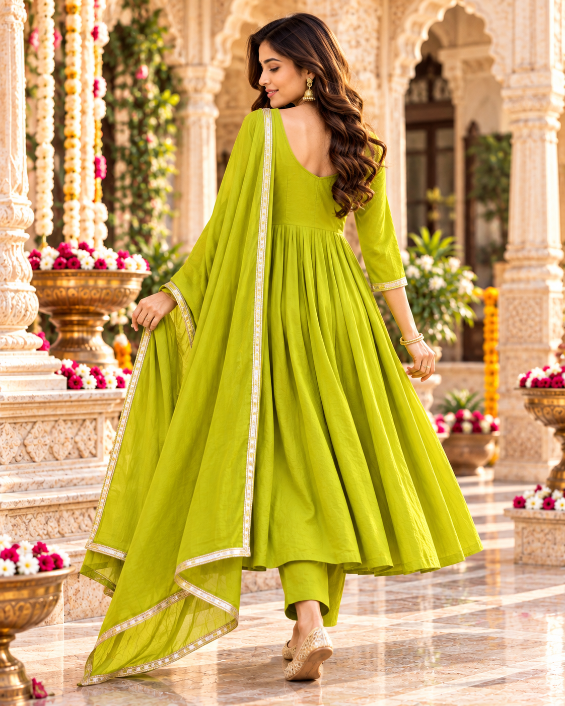 Chanderi Cotton Kurti Pant Set With Dupatta(Pista)