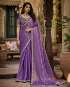 Premium Velvet Satin Party wear Saree With Unstitched Blouse(Purple)