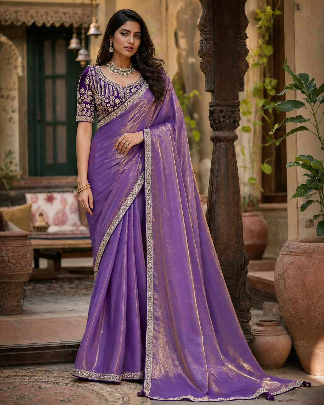 Premium Velvet Satin Party wear Saree With Unstitched Blouse(Purple)
