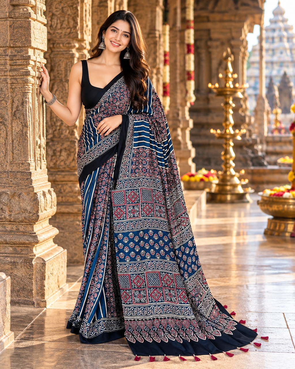 Premium Pure Satin Silk Ajrakh Print Saree With Unstitched Blouse(Black)