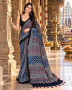 Premium Pure Satin Silk Ajrakh Print Saree With Unstitched Blouse(Black)
