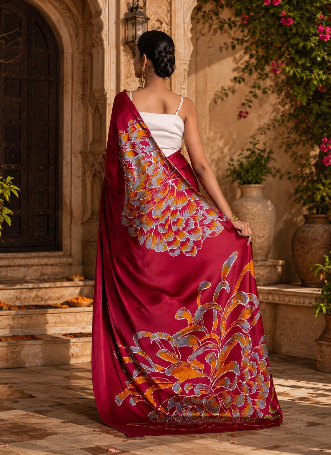 Japan Satin Printed Saree With Unstitched Blouse(Red)