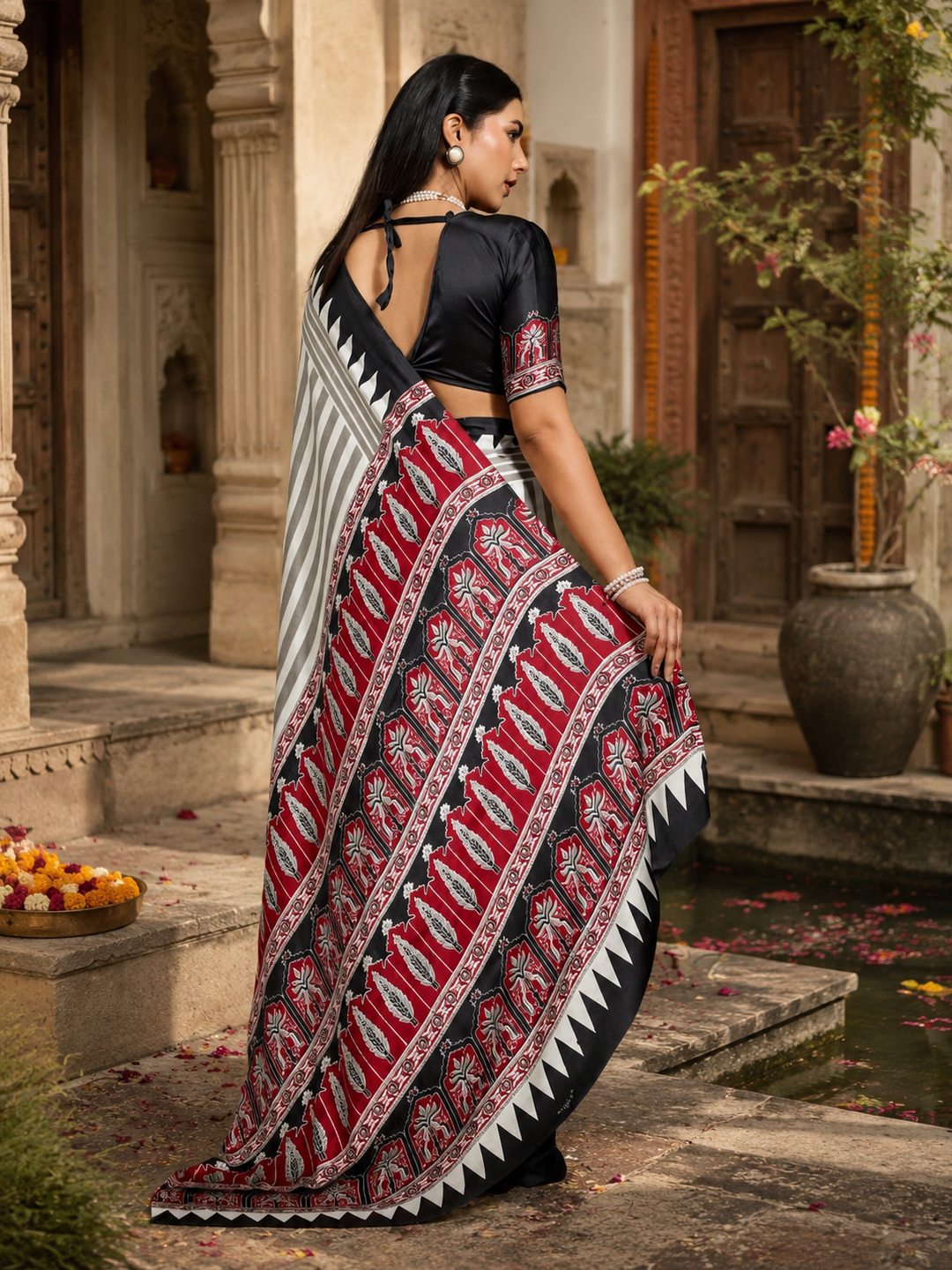 Satin Silk Ajrakh Print Saree With Unstitched Blouse(Black)