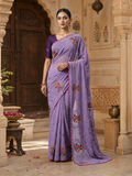 Cotton Floral Printed Saree With Unstitched Blouse(Violet)