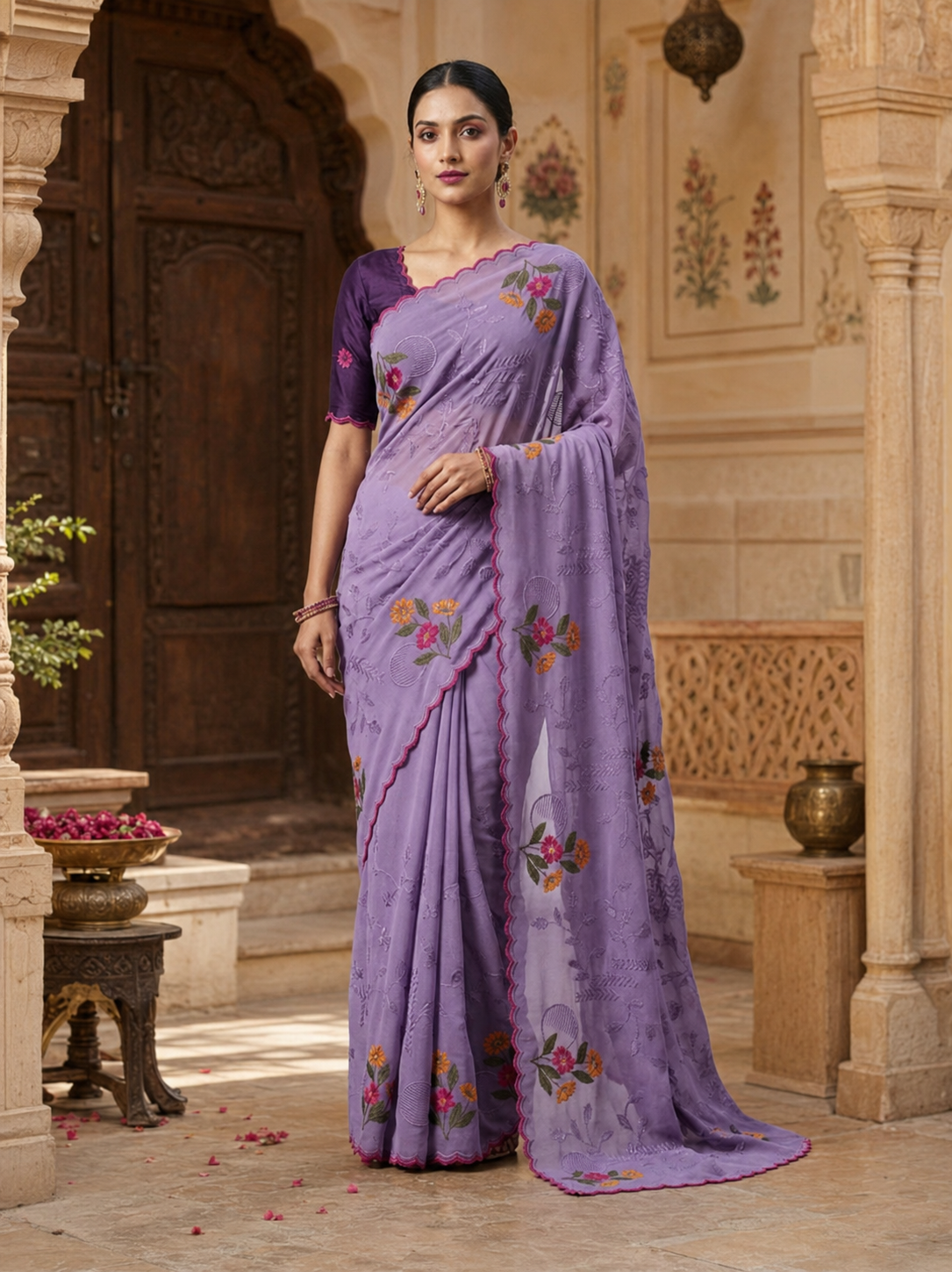 Cotton Floral Printed Saree With Unstitched Blouse(Violet)