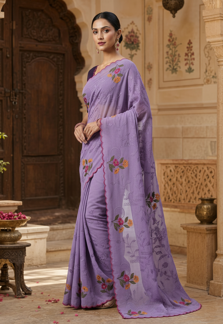 Cotton Floral Printed Saree With Unstitched Blouse(Violet)