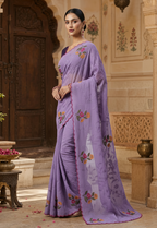 Cotton Floral Printed Saree With Unstitched Blouse(Violet)