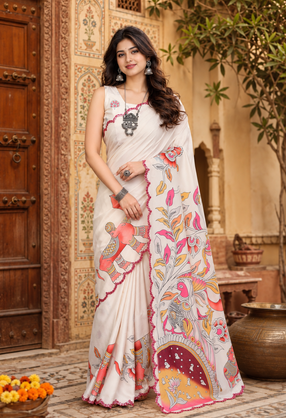 Manipuri Silk Kalamkari Print Saree With Unstitched Blouse(White)