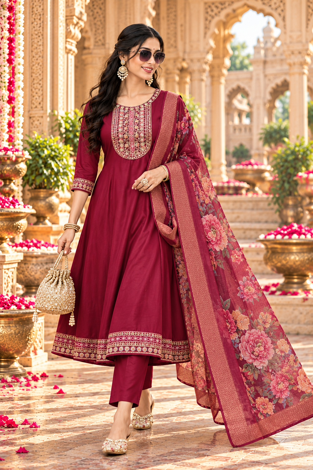 Cotton Embroidery Work Kurti Pant Set With Dupatta(Maroon)