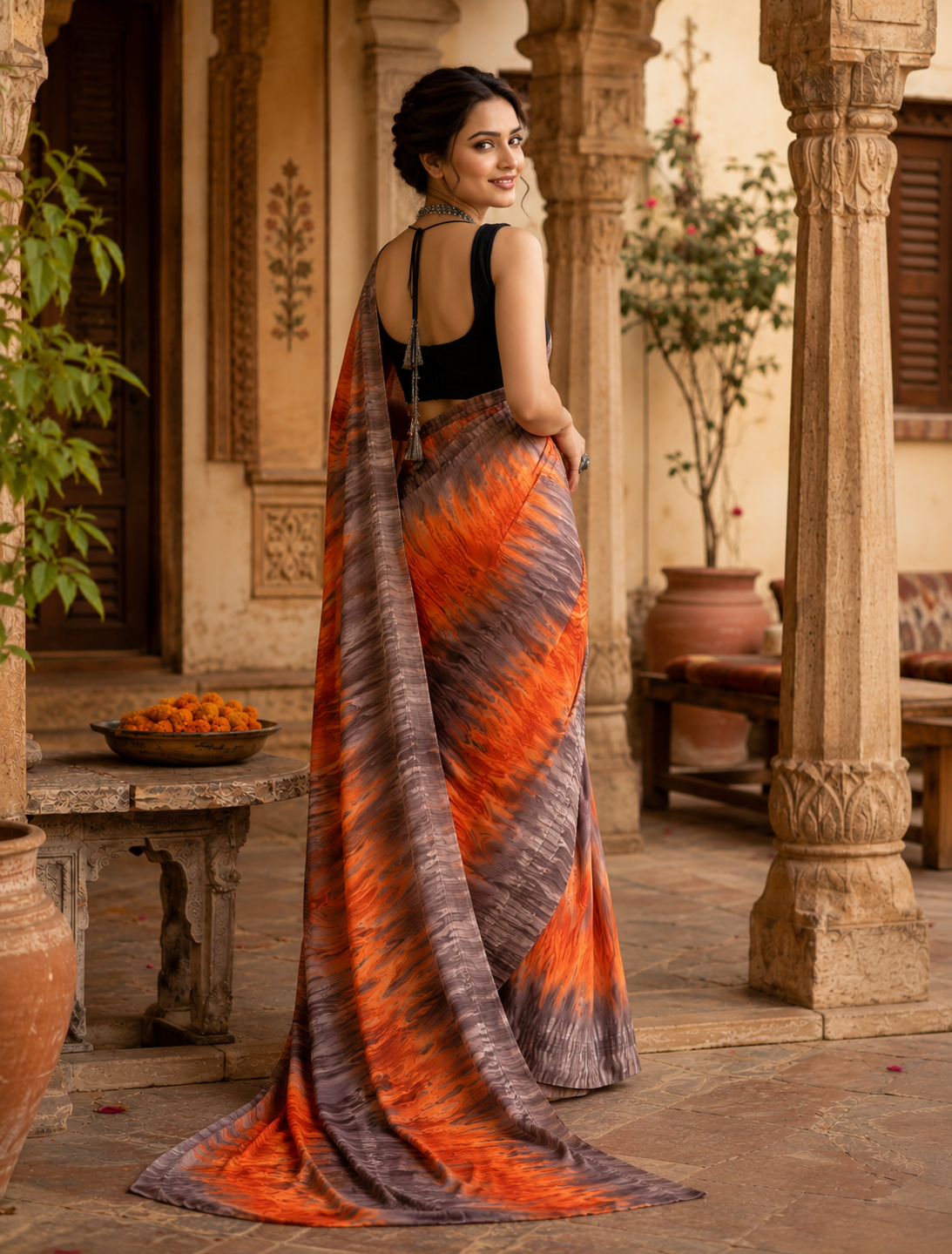 Soft Georgette Ready To Wear Saree With Unstitched Blouse(Orange)