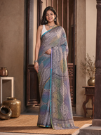 Chinon Silk Bandhani Print Saree With Unstitched Blouse(Blue)