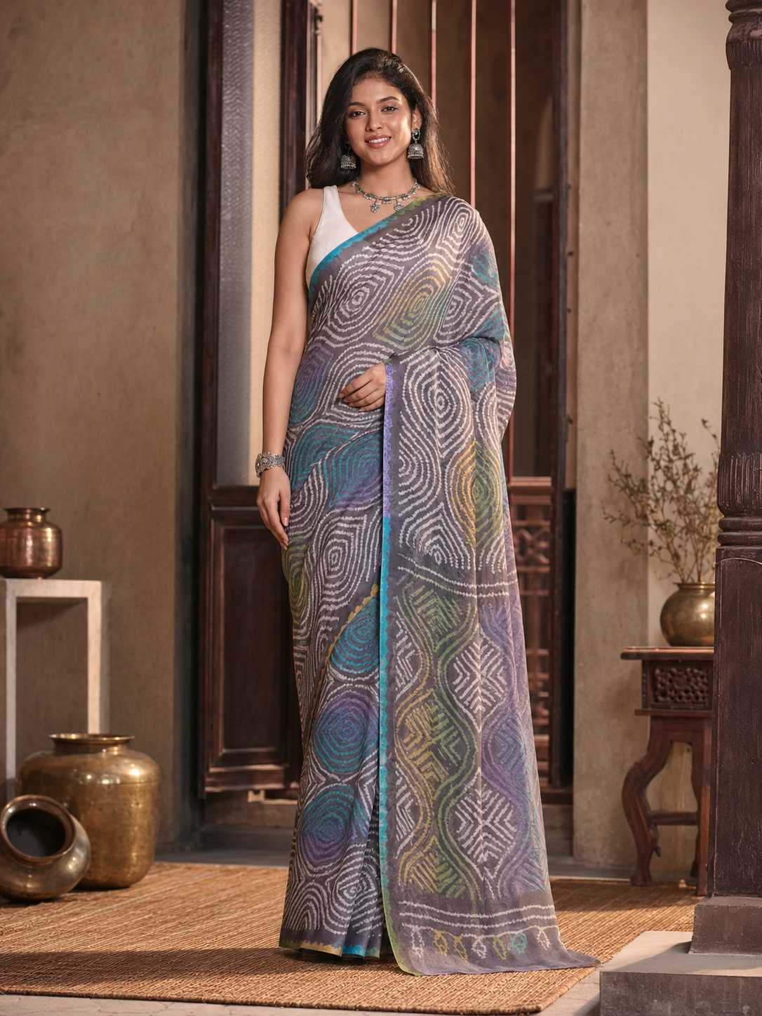 Chinon Silk Bandhani Print Saree With Unstitched Blouse(Blue)