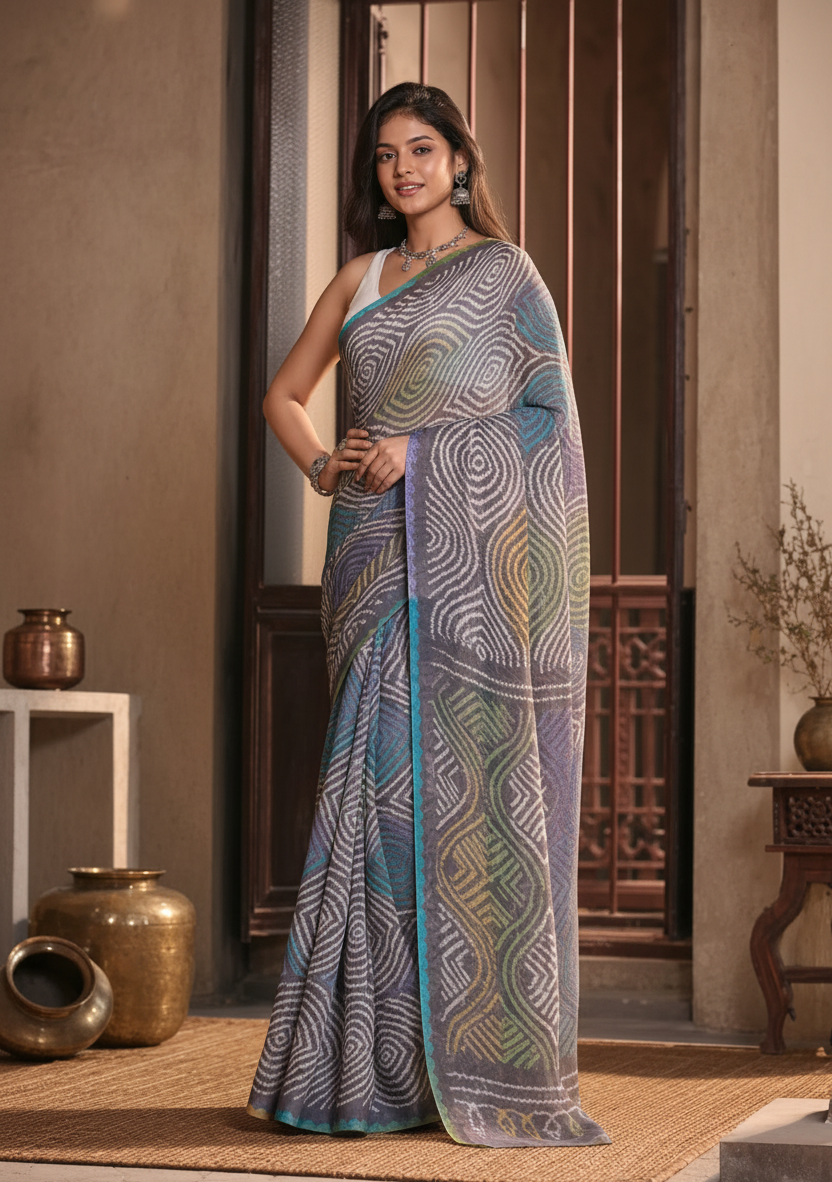 Chinon Silk Bandhani Print Saree With Unstitched Blouse(Blue)