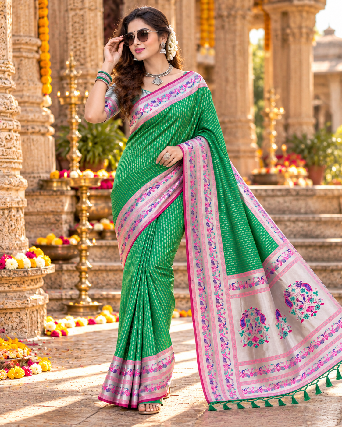 Paithani Silk Zari Work Saree With Unstitched Blouse(Green)