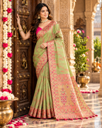 Premium Tissue Silk Zari Border Work Saree With Unstitched Blouse(Fern Green)