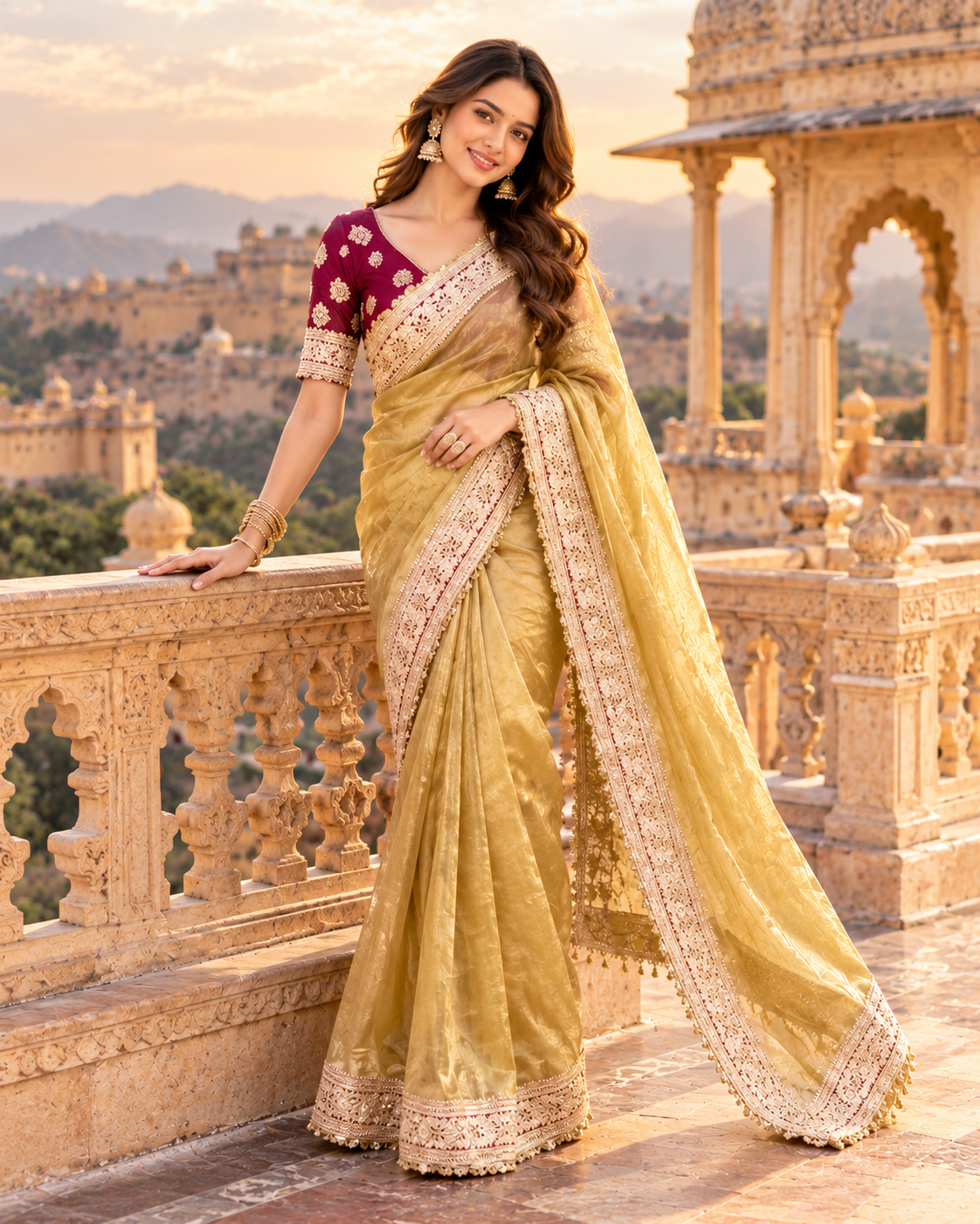 Pure Mocha Silk Sequin Work Saree With Unstitched Blouse(Mustard)