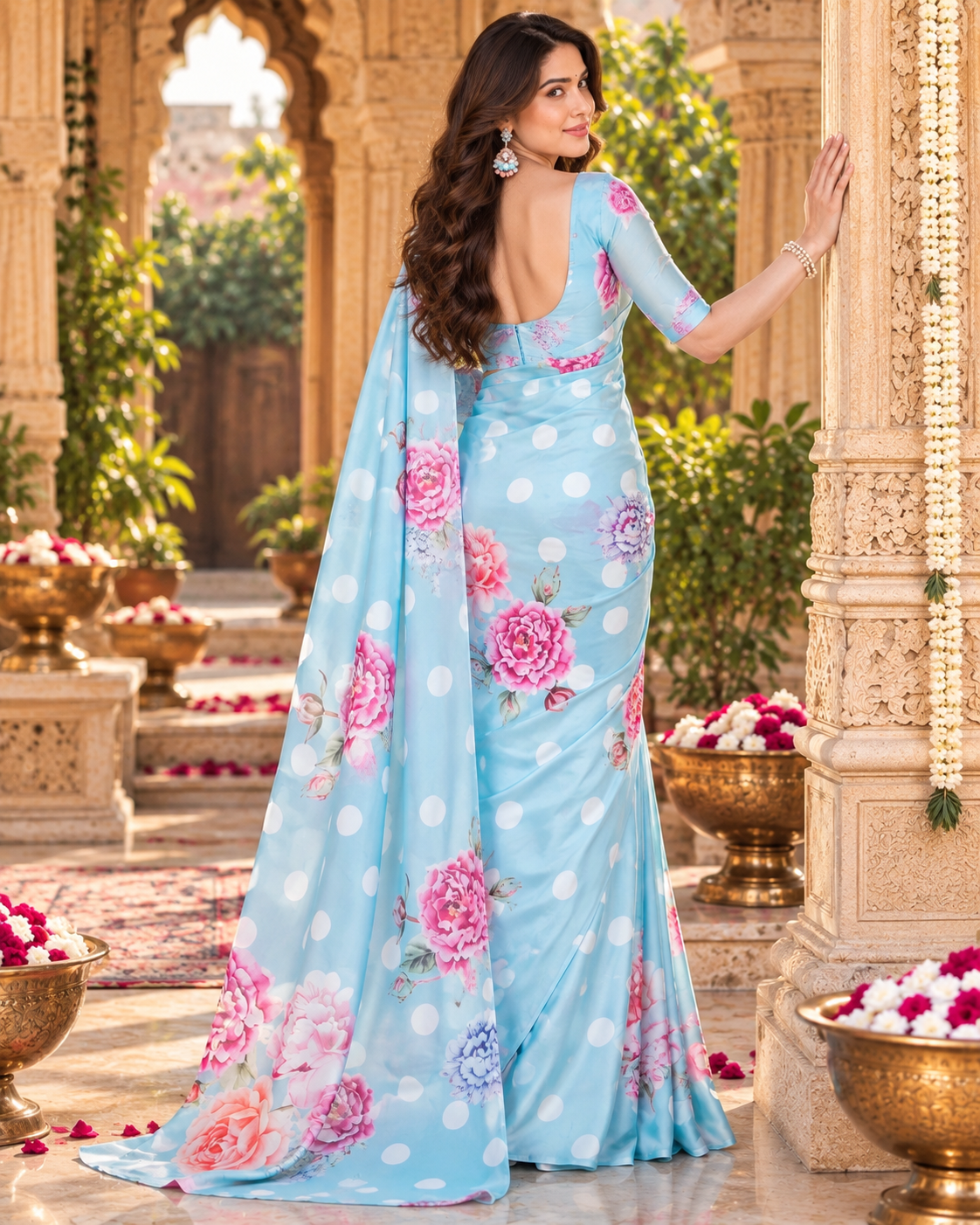 Satin Silk Floral Printed Saree With Unstitched Blouse(Light Blue)