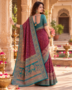 Gajji Silk Ajrakh Printed Saree With Unstitched Blouse(Wine)