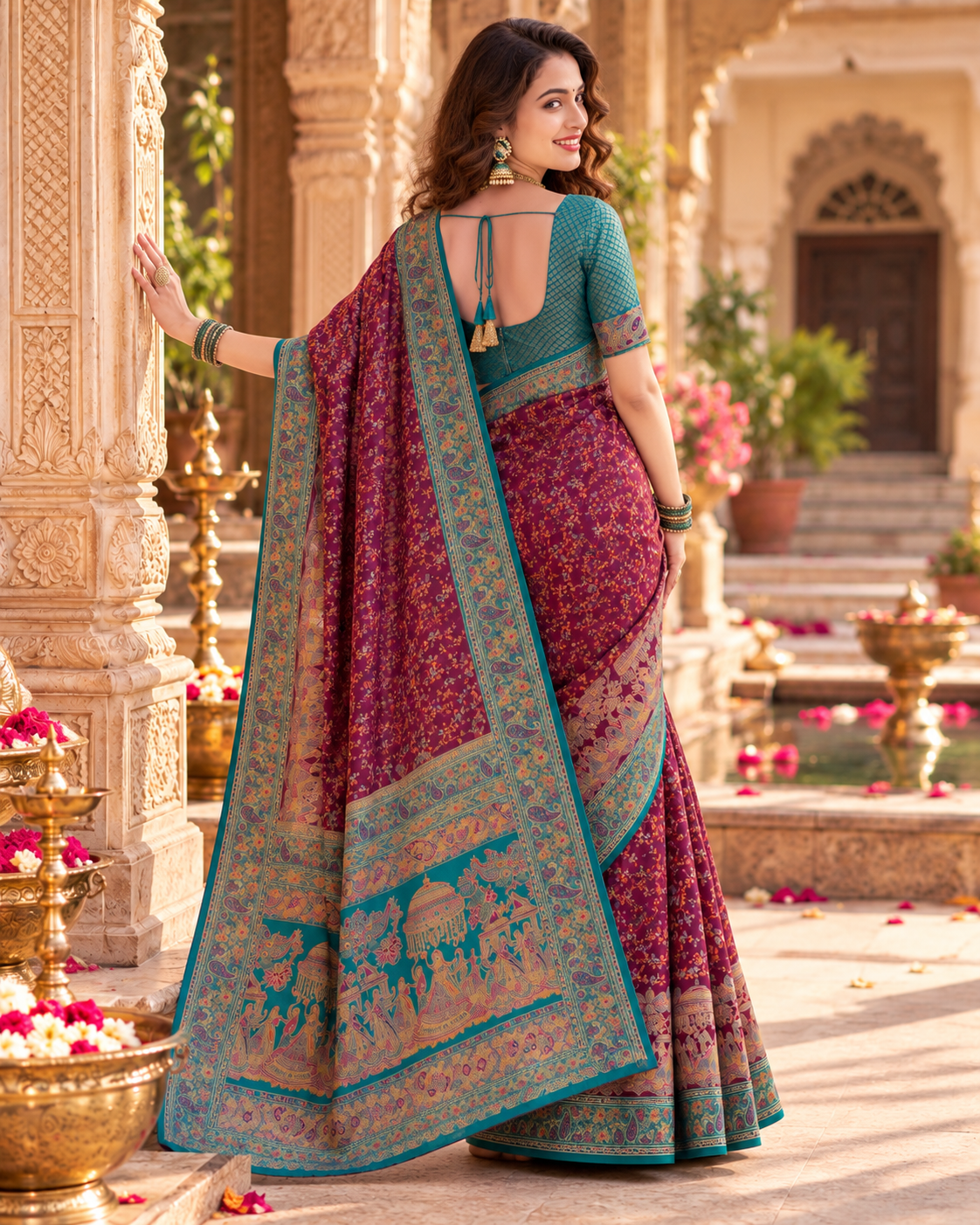 Gajji Silk Ajrakh Printed Saree With Unstitched Blouse(Wine)