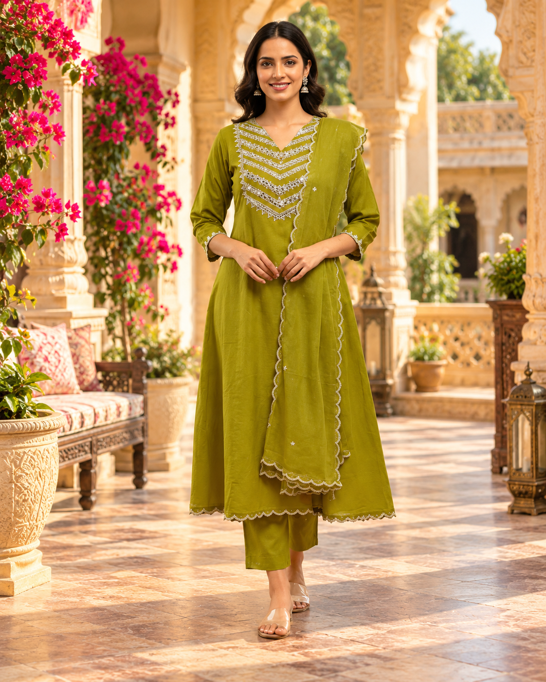 Heavy Roman Silk Kurti Pant Dupatta Set(Green)