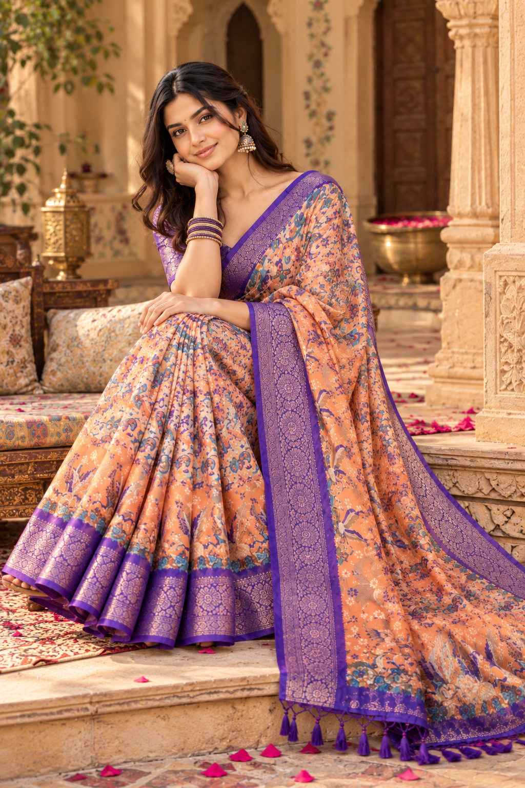 Soft Litchi Silk Digital Print Saree With Unstitched Blouse(Peach)
