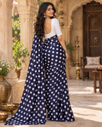 Satin Silk Printed Saree With Unstitched Blouse(Navy Blue)