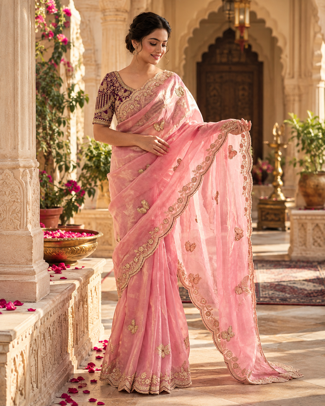 Premium Satin Silk Sequins Zari Work Saree With Blouse(Pink)
