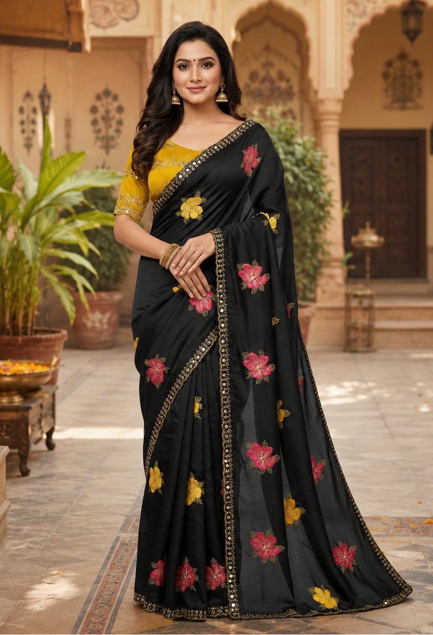 Georgette Printed Saree With Unstitched Blouse(Black)