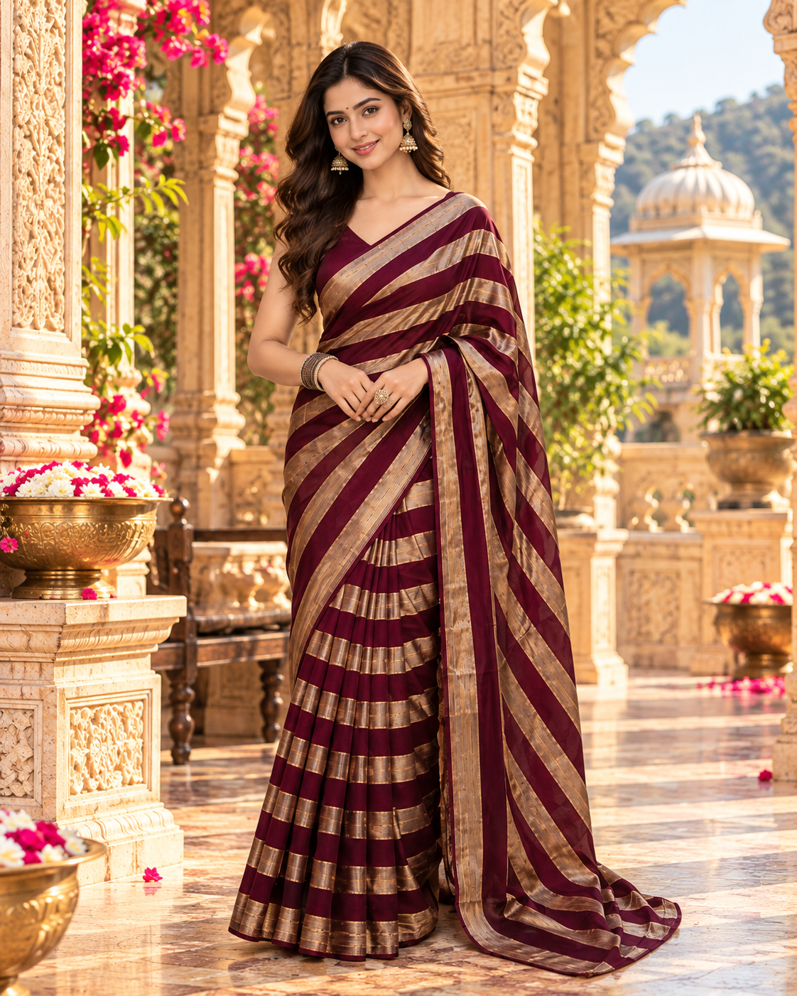 Satin Silk Saree With Unstitched Blouse(Maroon)