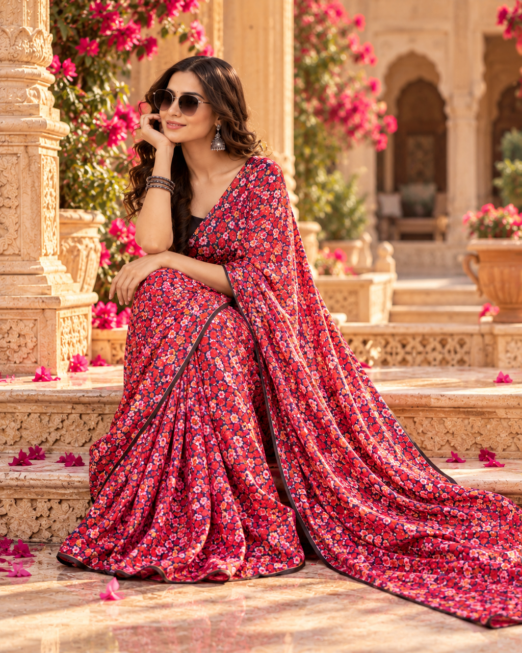 Satin Silk Printed Saree With Unstitched Blouse(Red)